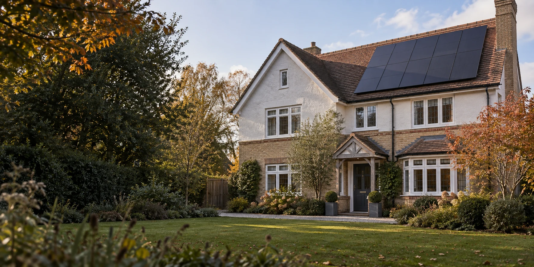 English house with solar panels above a landscaped garden